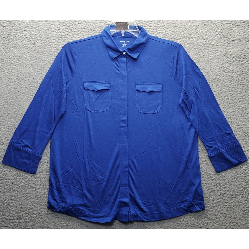 Lands' End Shirt Top Womens Petite PM Blue Silk Flap Pockets Collared Button-Up